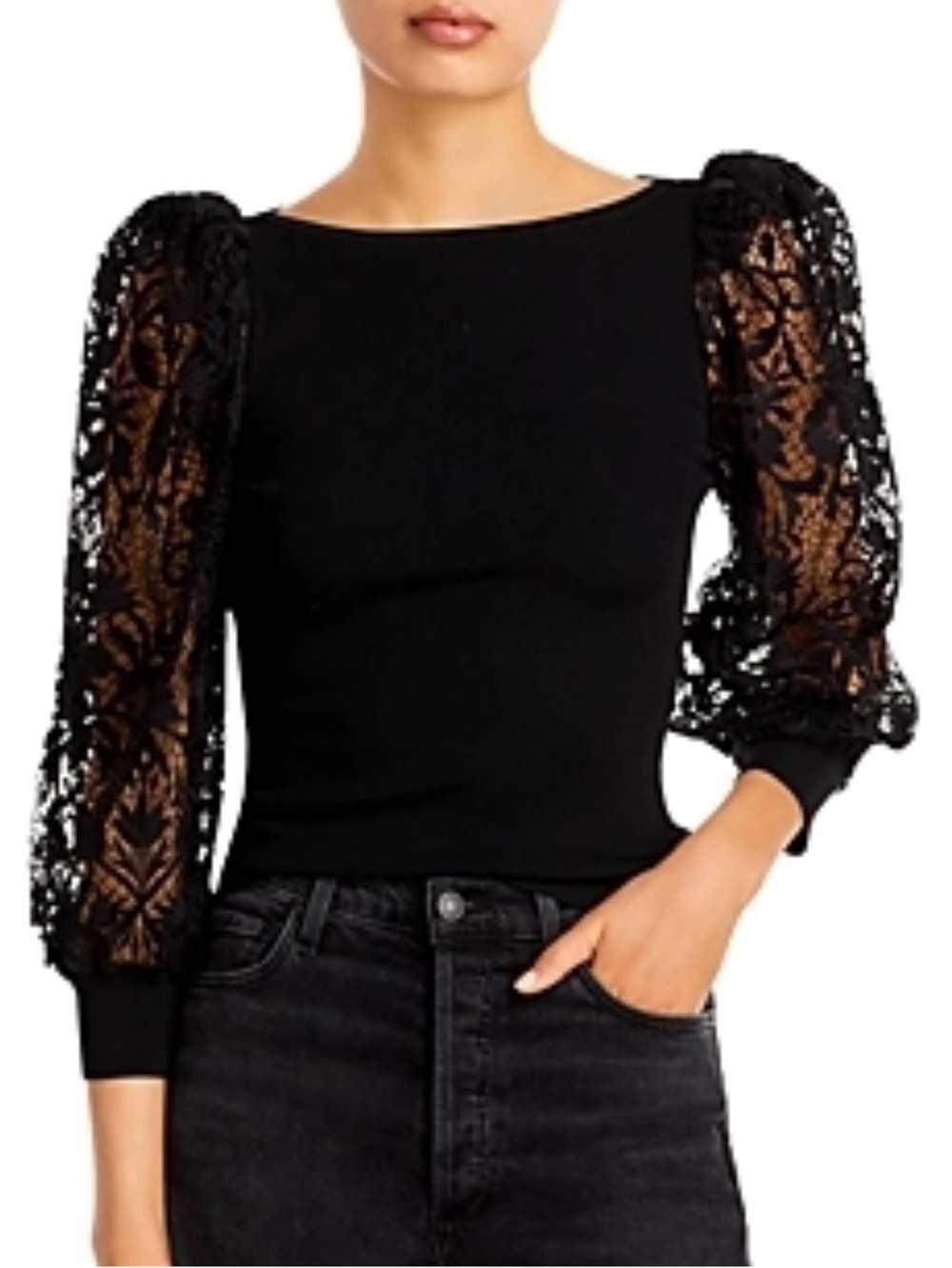 ALICE + OLIVIA Abella Lace Puff Sleeve Top